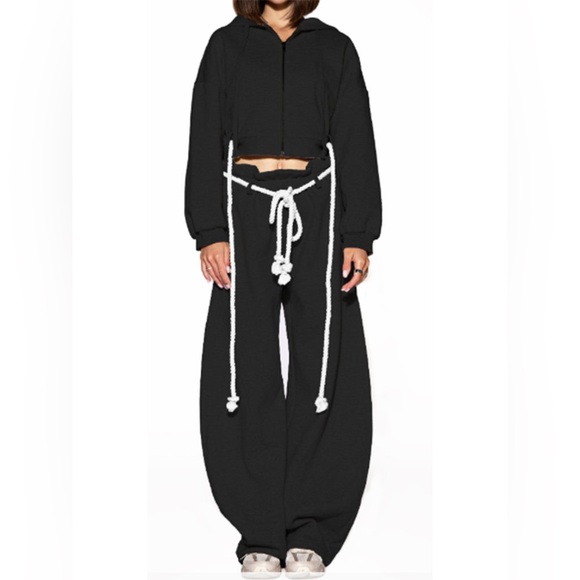 Pants - Black~Rope Detail Cropped Hoodie & Wide-Leg Sweatpant Set
